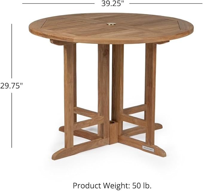 TITAN GREAT OUTDOORS Ash & Ember Luna Grade A Teak 39" Round Dining Table, Drop Leaf Design, Indoor Outdoor Patio or Porch Dining, Weather Resistant Solid Wood with Umbrella Hole