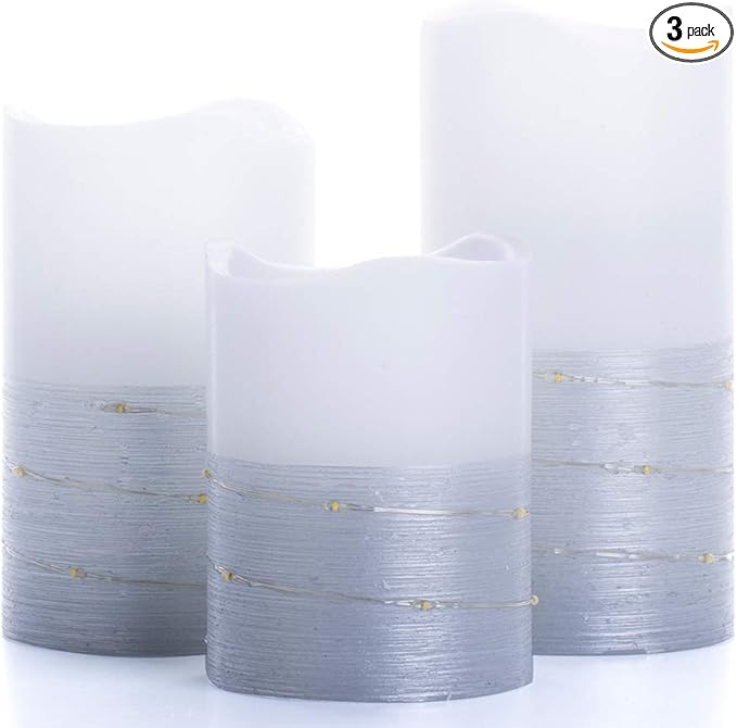 BeMoment Flickering Flameless Candles with Timer, Battery Operated Candle Embedded String Lights, Silver Paint Finish, Ideal for Home Decor, Holidays, and Festivals, 3pcs (D 3" x H 4" 5" 6")