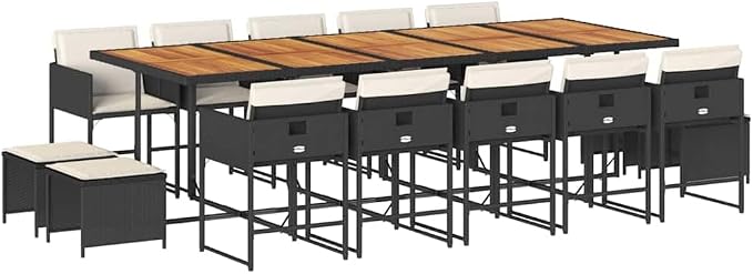 15-Piece Garden Dining Set, Outdoor Patio Furniture with Acacia Wood Table and Synthetic Rattan Seating, Foldable and Stackable Design for Backyard BBQ