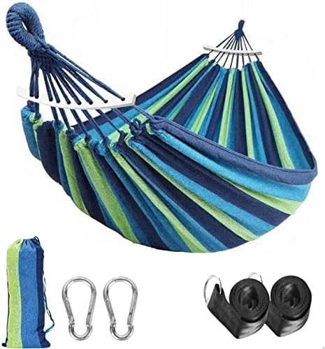 Outdoor Hammock Portable Garden Hammock Sports Home Travel Camping Swing Canvas Stripe Hang Bed Hammock Double Single People (260x80 Blue Set)