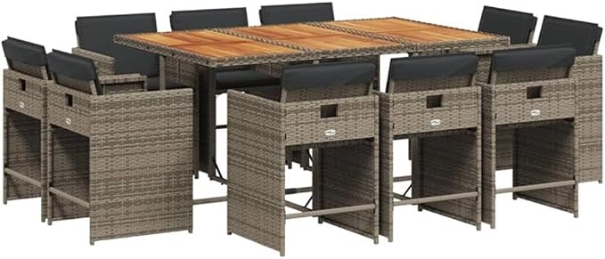Afuera Living Contemporary Patio Dining Set, 10-Seater, Foldable PE Rattan and Solid Acacia Wood, Gray Finish, Cushioned Chairs, Powder-Coated, Space-Saving Design for Garden, Terrace, Outdoor