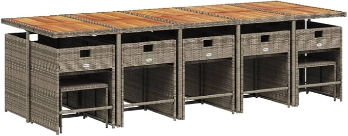 15 Piece Garden Dining Set, PE Rattan Patio Furniture with Acacia Wood Tabletop, Foldable Chairs and Stools for Outdoor Backyard Deck