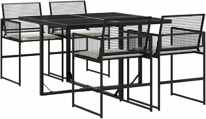 5 Piece Garden Dining Set, Black PE Rattan Outdoor Patio Table and Foldable Chairs, 4 Person Rectangular Dinette Set with Tempered Glass Top for Backyard Deck Balcony