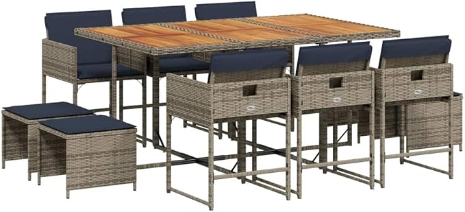 11 Piece Patio Dining Set, Grey PE Rattan Garden Table and Chairs Set with 6 Chairs, 4 Stools, Solid Acacia Wood Top Table and Navy Blue Cushions for Backyard Outdoor