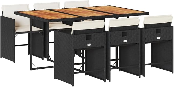 7 Piece Patio Dining Set with Cushions Black Poly Rattan Outdoor Furniture for Garden Backyard Relaxation Folding Space-Saving Chairs Acacia Wood Table UV-Proof 1100lbs Capacity