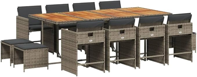 13 Piece Patio Dining Set, Outdoor PE Rattan Garden Table and Chairs with Cushions, Space Saving Cube Furniture for Backyard Deck, Gray