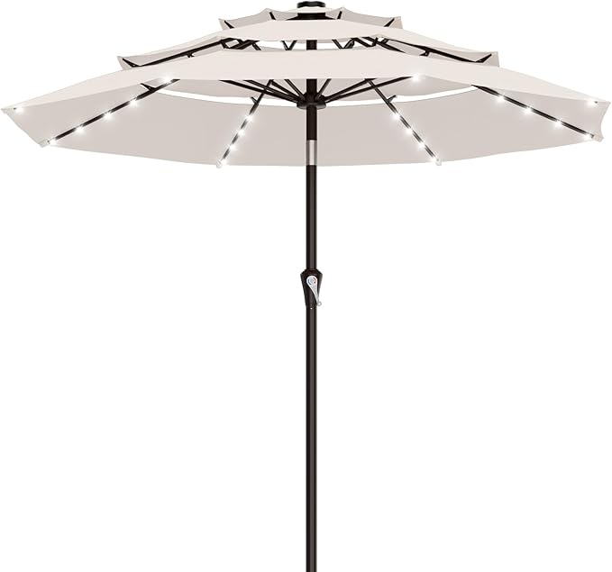 AreShark 9ft 3 Tiers Patio Umbrella with Solar Lights, Outdoor Umbrella w/ 32 LED Lights&8 Sturdy Ribs, Table Umbrella for Deck, Backyard, Pool (Ivory)