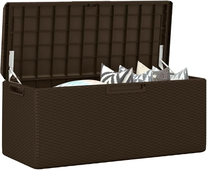 92.5 Gallon Rattan Look Garden Storage Box with Cushion, Lockable Patio Deck Box with Gas-Lift, Large Outdoor Storage Bench for Cushions Pillows Blankets Toys