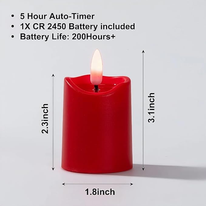 Simplelight Red Flameless Votive Candles with Timer, Realistic Black Wick Valentine’s Day Candles Battery Operated, Battery Included, D 1.8” X H 3.1”, Set of 6 for Wedding, Christmas Decoration (Red)