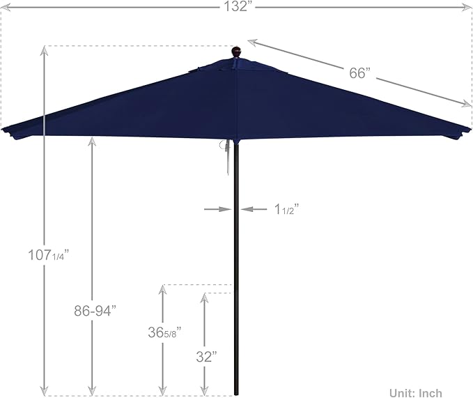 California Umbrella 11Ft Commercial Grade Sunbrella Fabric Market Umbrella, Pulley Lift, Aluminum/Fiberglass, 2mm pole wall, Bronze Frame, True Blue Fabric