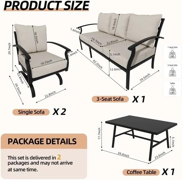 Kurapika Metal Patio Furniture Set 5-Seat Modern Metal Bistro Set Outdoor Conversation Sets, 2 Piece Patio Rocker Chairs with Thick Cushion and Coffee Table for Garden Backyard Deck Lawn, Sand
