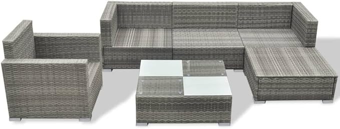 6 Piece Patio Lounge Set with Cushions, Sectional Sofa Patio Conversation Set Front Porch Furniture Outdoor Sofa Sets for Exhibition Negotiation Area Poolside Garden Poly Rattan Gray