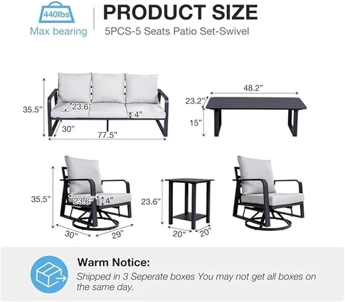 5-Piece Outdoor Sofa Patio Furniture Set All-Weather Aluminum Frame with Swivel Rocking Chairs Outdoor Sofa Bistro Set