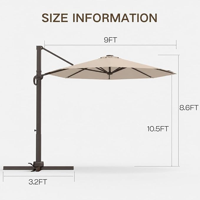 Kingdura 9ft Cantilever Patio Umbrella with Base Included, Large Round Metal Outdoor Offset Umbrella with 360-degree Rotation, 4 Position Tilt, UV Protection for Pool Deck Patio (Beige)
