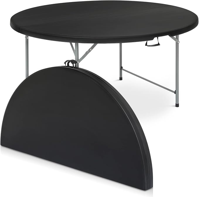 Magshion 65" Round Folding Table, 5 Feet Bi-Folding Plastic Commercial Dining Card Table w/Carrying Handle for Outdoor Wedding Party Event Picnic, Black