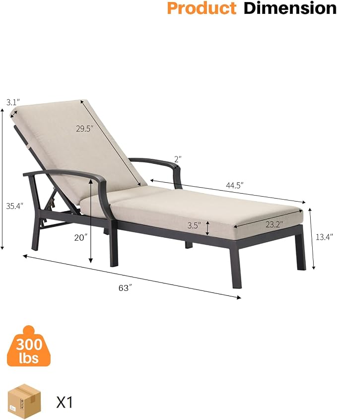 Pool Lounge Chair, Never-Rust Aluminum Outdoor Chaise Lounge with Gray Cushion, Outdoor Lounger Pool Furniture with Adjustable Backrest, Patio Lounge Chair for Outside, Deck, Gunmetal