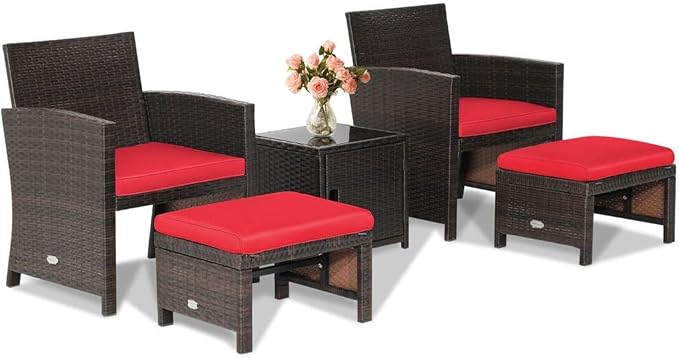 5PCS Patio Rattan Furniture Set Chair Ottoman Cushioned W/Cover Space Saving Red