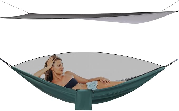Camping Black Tarp 310 + Green Hammock 290x140, Hammock with Mosquito Net Tent and Rain Fly Tarp, for Backpacking and Travel, Suitable for Outdoor Adventures, Great for Hiking and Picnics