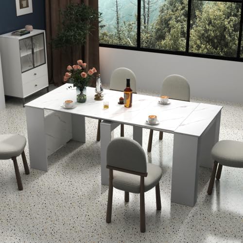 20.08”-118.11” Extendable Dining Room Table, 1-10 People Wood Long Foldable Tables with Storage Cabinet & Outlet, Space Saving Expanding Table with for Kitchen, Living Room, White Marble