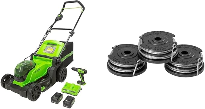 Greenworks 48V 17" Brushless Cordless Lawn Mower + 24V Drill/Driver, (2 x 24V) & 0.065" Dual Line Replacement String Trimmer Line Spool, 3 Count (Pack of 1)