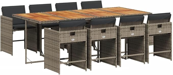 9 Piece Patio Dining Set with Cushions Gray Poly Rattan Outdoor Table and 8 Chairs for Backyard Garden Deck, Foldable Space-Saving Seating, Solid Acacia Wood Tabletop, UV-Proof, 242.5 lb Capacity