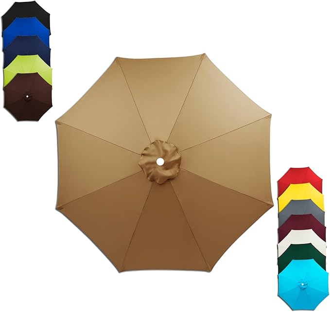6/8 Ribs Patio Umbrella Replacement Canopy 6.5ft 7.5ft 8.2ft 8.9ft 9.8ft 11.5ft Waterproof UV Protective Replacement Parasol Fabric Cover for Garden Outdoor(Khaki,9.8ft/8ribs)