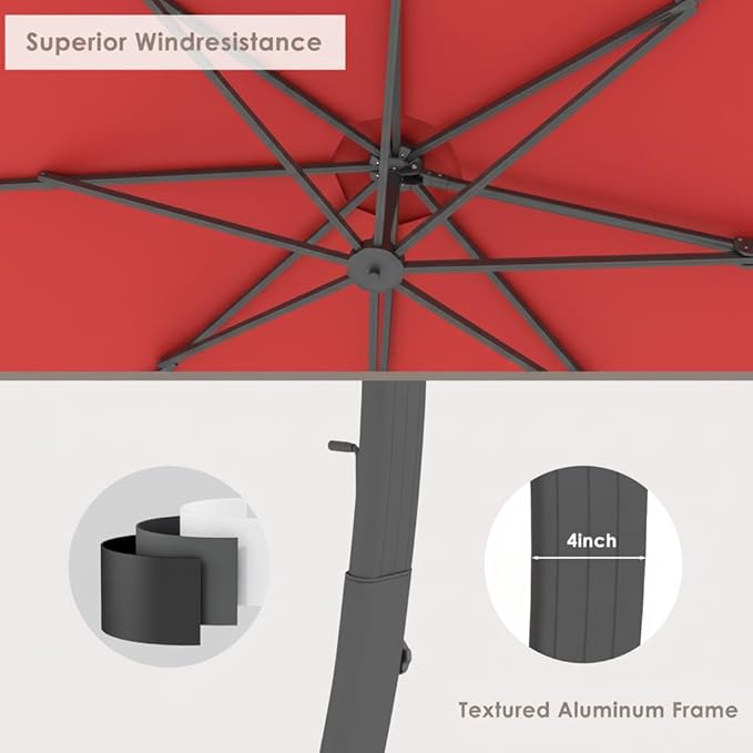 ENSTVER 11FT Cantilever Patio Umbrella With Base Included, Round Large Aluminum Outdoor Cantilever, Heavy Duty Offset Umbrella with 360°Rotation for Pool, Deck, Backyard, Garden(Red)