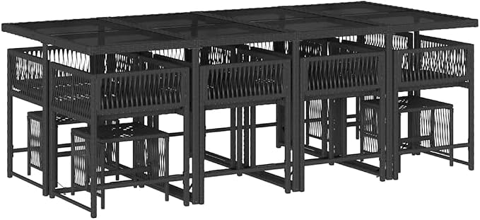 Garden Dining Set Black Poly Rattan 12-Seater Stackable with Tempered Glass Table, UV Resistant Outdoor Patio Furniture for 12 People, Space Saving Cushioned Chairs for Balcony Terrace BBQ