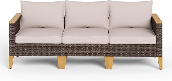 MFSTUDIO 3 Pieces Rattan Patio Furniture Sets, 3-Seat Outdoor Patio Sofa Set, Outdoor Sectional Sofa Patio Conversation Set for Garden, Backyard(Beige Cushions)