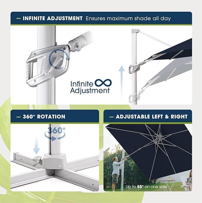 wikiwiki 12FT Cantilever Patio Umbrella, Offset Umbrella Outdoor Patio with 360° Rotation and Unlimited Tilting System, Heavy Duty Large Umbrella with Cross Base, Navy Blue