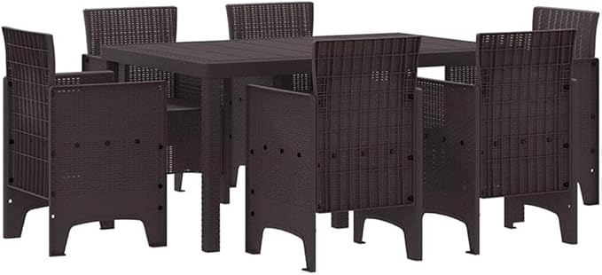 Afuera Living 7 Piece Poly Rattan Garden Dining Set, Matte Brown Finish, UV-Resistant, Removable Zippered Cushions, Rectangular Table with 6 Chairs, Durable Patio Furniture for Outdoor Dining