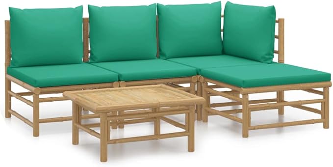 5 Piece Patio Lounge Set with Green Cushions, Porch Furniture Set Patio Conversation Set Outdoor Sofa Sets Sectional Sofa for Piazza Garden Negotiation Area Exhibition Bamboo