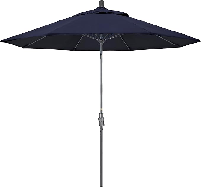 California Umbrella 9' Rd. Crank Lift, Collar Tilt, Aluminum Pole, Fiberglass Rib Patio Umbrella, Hammertone Grey Finish, Sunbrella Navy