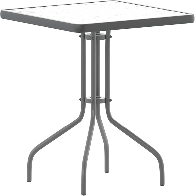 EMMA + OLIVER Benji Patio Dining Table - Silver Metal Frame - 23.5" Square Tempered Glass Top - Suitable for Indoor/Outdoor Use