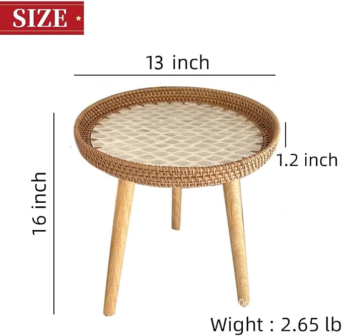 Small Rattan Side Table/Round Coffee Table for Small Spaces, Mini Modern Coffee Table with Shell Design Tray, Outdoor End Tables for Patio, Boho Nightstand for Bedroom or Living Room