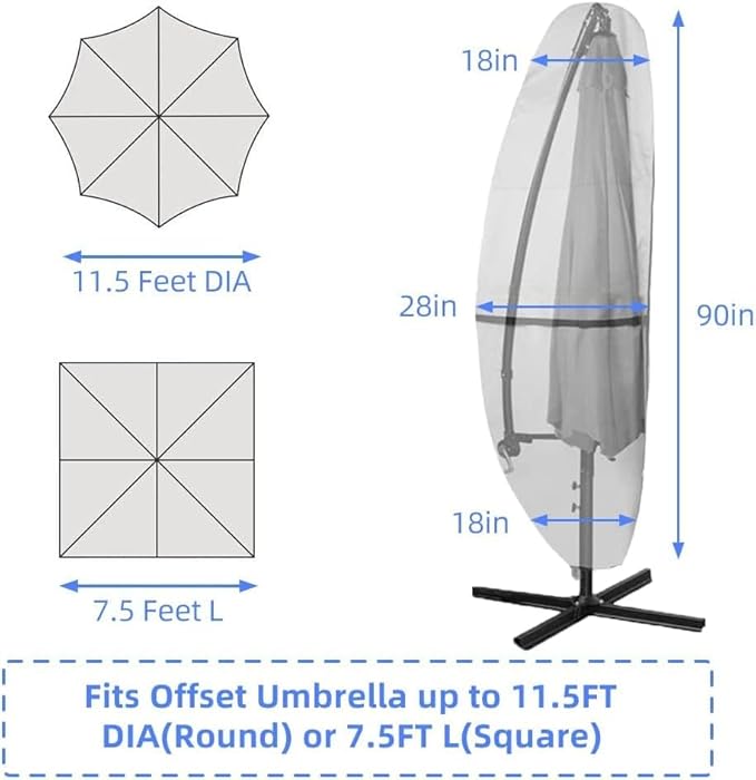 Patio Parasol Cover - 600D Waterproof, Anti-UV Fits 7.5-11.5 Feet Offset Umbrella（Gray）