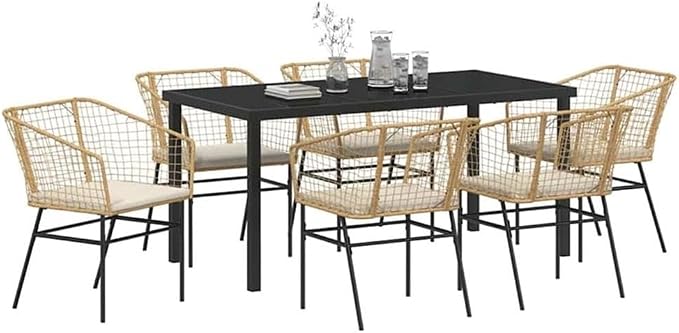 Afuera Living 7 Piece Patio Dining Set, Poly Rattan and Steel Frame, Brown Finish, UV-Resistant, Glass Tabletop, Seating for 6, Durable Outdoor Furniture for Garden or Patio Gatherings