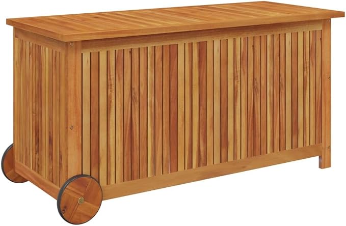 vidaXL Solid Acacia Wood Patio Storage Box with Wheels, Spacious Outdoor Garden Furniture Organizer with California Proposition 65 Warning, Brown, Retro Style