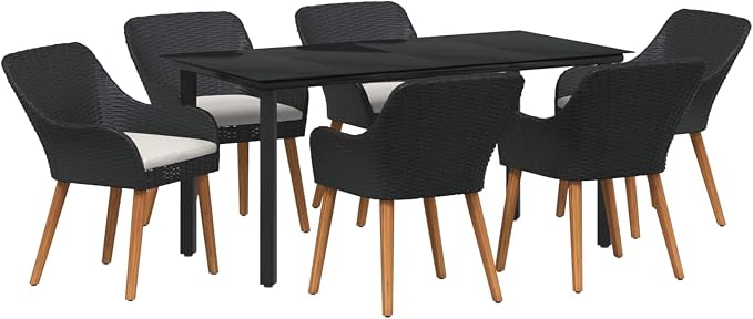 7 Piece Garden Dining Set, Black Poly Rattan Patio Furniture Set with 6 Chairs, Tempered Glass Table and Cushions, Outdoor Table and Chair Set for Backyard Deck Porch