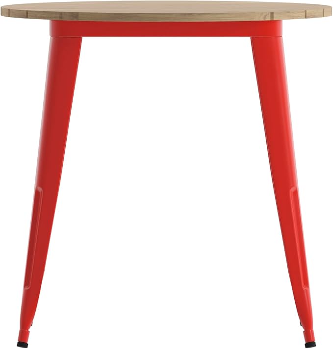 EMMA + OLIVER Drew Dining Table - Brown 30" Round Poly Resin Table Top - Red Steel Base - All-Weather for Indoor/Outdoor Use