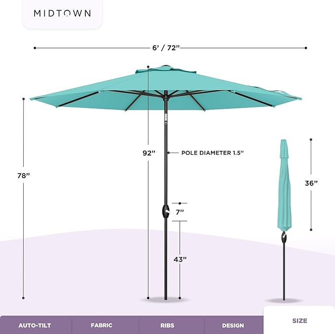 Midtown Umbrellas - 10-Year-No-Fade 6 Ft Patio Umbrella with Terylast Fabric, Auto-Tilt Aluminum Frame and 8 Reinforced Ribs for Deck, Pool, Garden & Beach - Black/White Stripes Canopy, Black Pole
