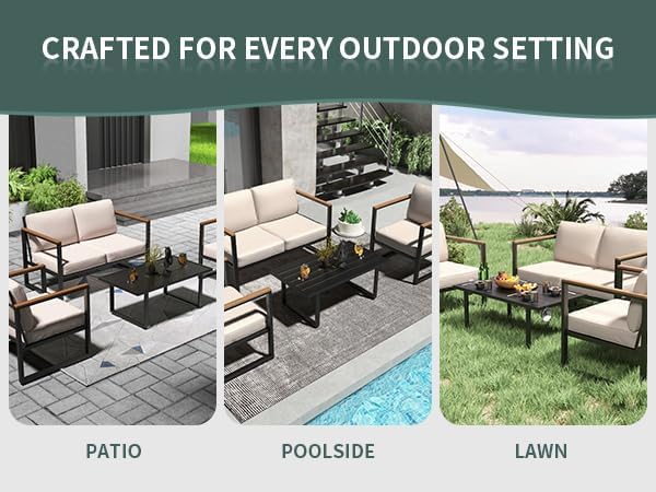 Patio Furniture Set 4-Piece, Outdoor Metal Conversation Set with Thick Washable Cushions, Conversation Set with 2 Chairs & Coffee Table Patio Sectional Furniture for Pool, Garden, Balcony, Beige