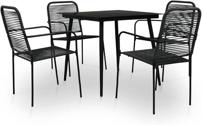 5 Piece Patio Dining Set Cotton Rope and Steel Black Outdoor Patio Furniture Set with Tempered Glass Table for Garden Backyard Deck Kitchen Dining Room
