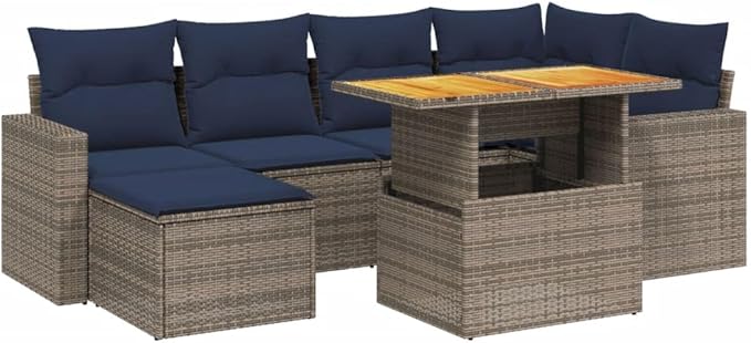 vidaXL Patio Sofa Set with Cushions 7 Piece, Outdoor Conversation Set, Sectional Sofa for Balcony Garden, Modern Style, Gray Poly Rattan