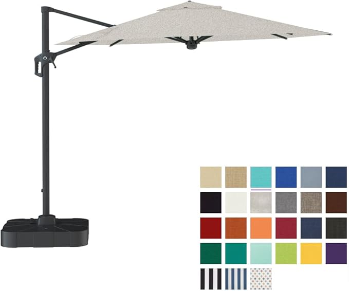 Midtown Umbrellas The Grande Round 10 FT Outdoor Cantilever Patio Umbrella w/Sunbrella Chartres Silk Acrylic Fabric - 8 Rib Aluminum Frame Offset w/Tilt And 360° Rotate Pedal System - Black Frame