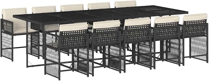 Garden Dining Set Black Poly Rattan Large Foldable 11 Piece Outdoor Patio Table with Tempered Glass Seats 10 for Backyard Terrace BBQ Furniture Modern Weather Resistant