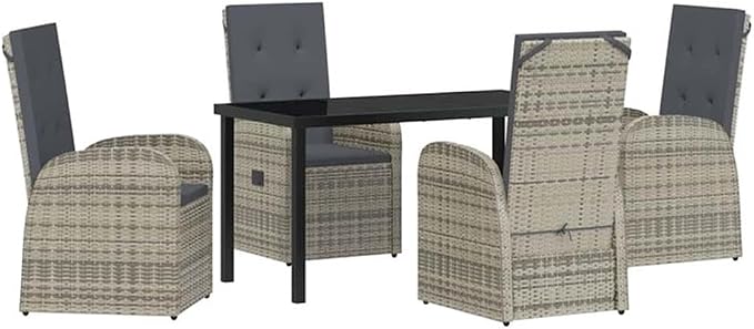 Afuera Living 5 Piece Poly Rattan Patio Dining Set, Black Finish, Powder-Coated Steel Frame with Tempered Glass Table, Weather-Resistant Cushions, Adjustable Backrest, Modern Outdoor Furniture for
