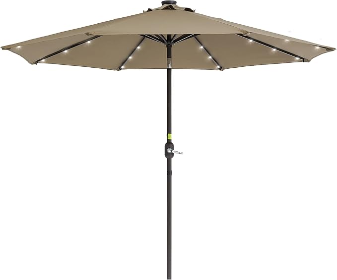 9ft Patio Umbrella Outdoor with Solar Lights,32 LED Lighted Table Market Umbrella with Tilt and Crank, 2-Year-Non-Fading, 8 Sturdy Ribs,for Pool, Deck, Garden,Backyard