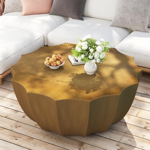 35" Indoor Round Coffee Table, Waterproof Coffee Table Modern MgO Cement Design End Tables for Living Room, Outdoor Patio Coffee Tables for Garden, Backyard, Balcony, Wood