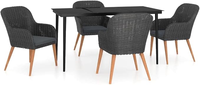 5-Piece Patio Dining Set, Black PE Rattan Outdoor Furniture Set with 55-Inch Rectangular Table and 4 Cushioned Chairs for Backyard, Garden and Balcony, 4 Person
